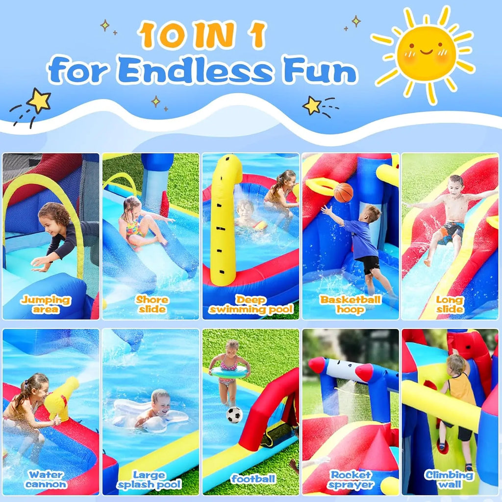 10 in 1 Inflatable Bounce House Waterslide w/ Splash Pool