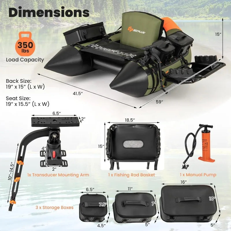 Inflatable Float Tube, Fishing Boat w/ Fish Ruler,Pump,Storage Bag