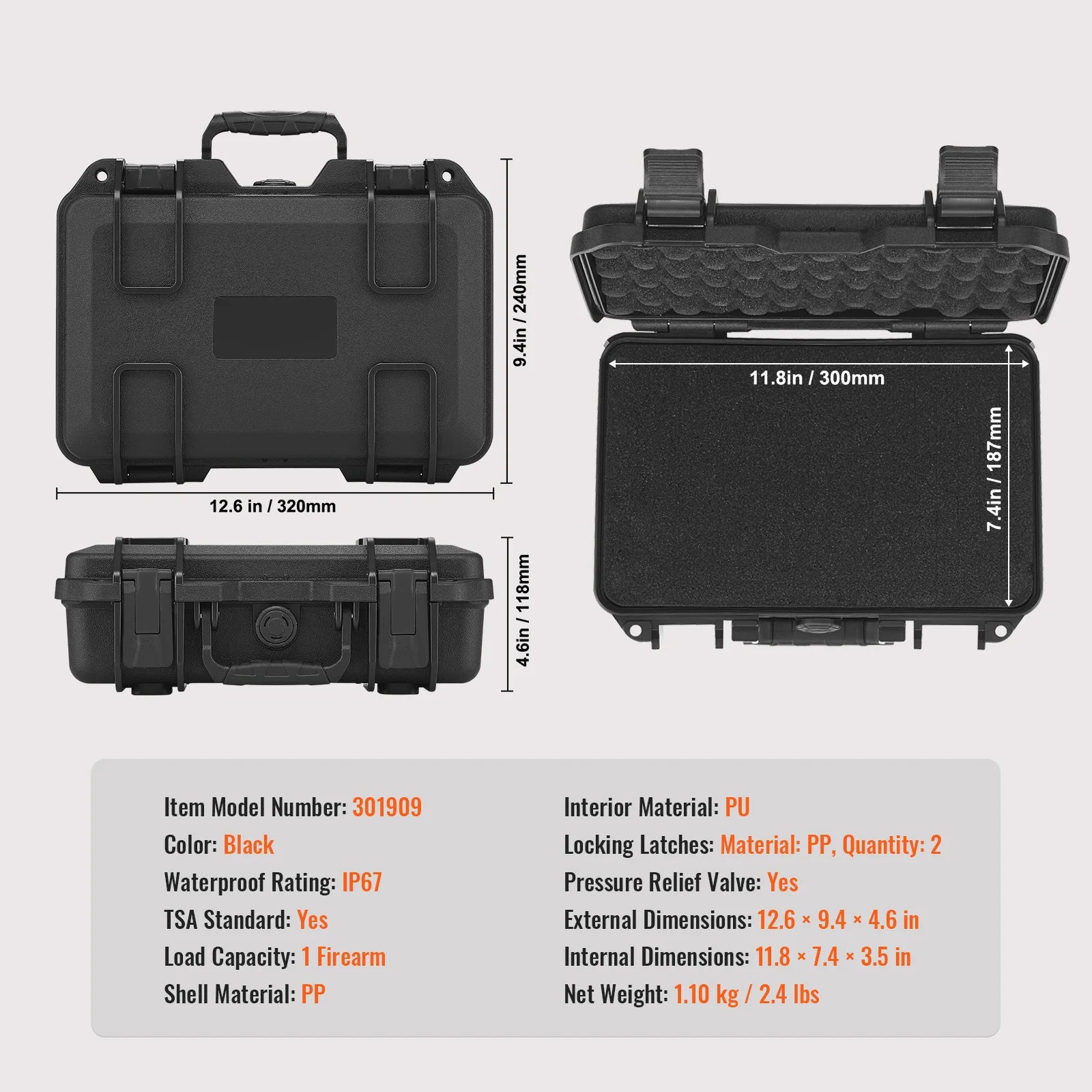 Waterproof Lockable Hard Pistol Case with Pre-cut Foam Lining