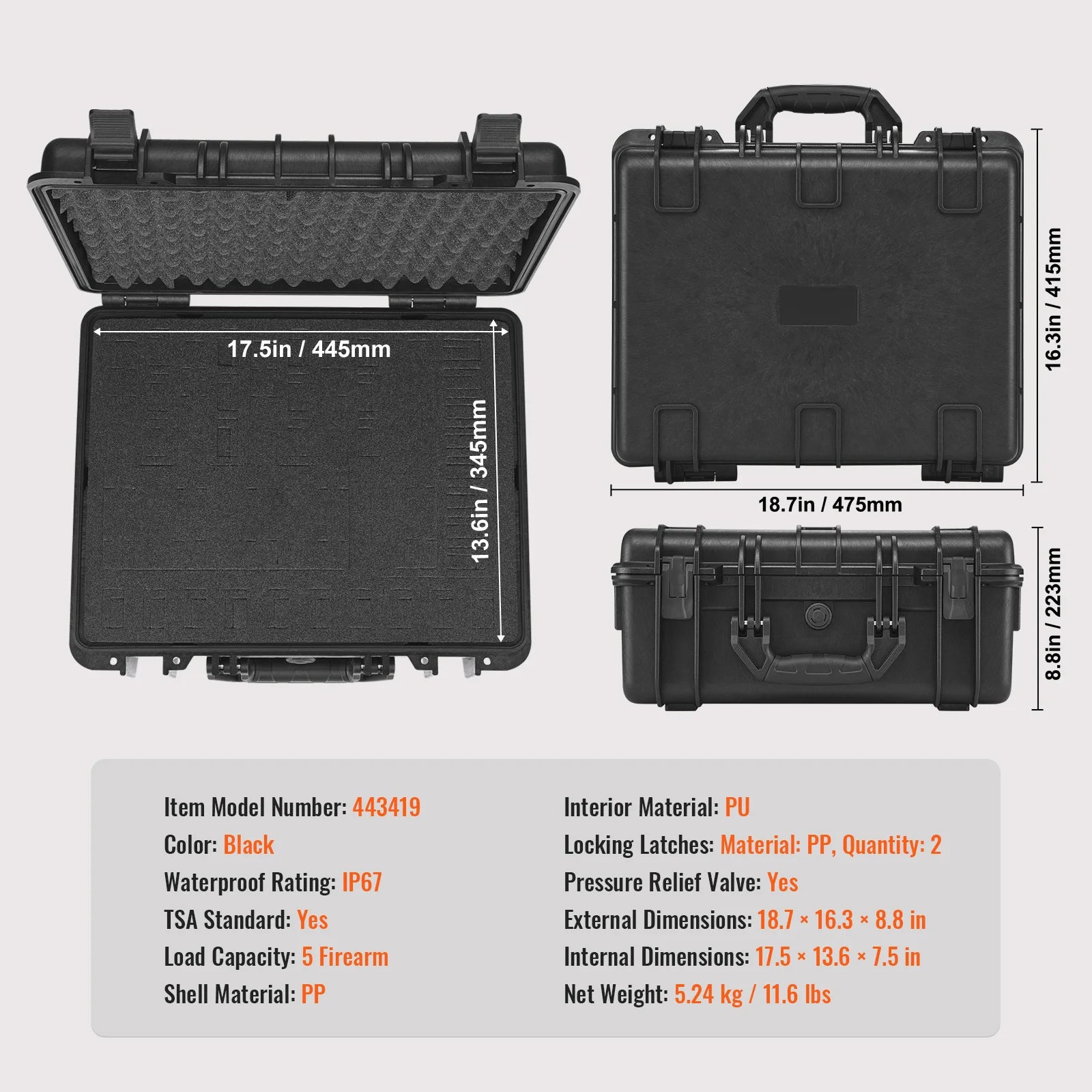 Waterproof Lockable Hard Pistol Case with Pre-cut Foam Lining